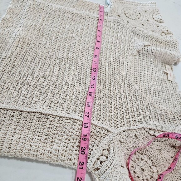 Solitaire Large Boho Festival Crochet Top Beige Knit Short Sleeve - Picture 6 of 9